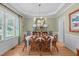 Light green dining room with white wainscoting, large windows, and chandelier at 1004 Manderston Ln, Apex, NC 27502