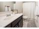 Bathroom featuring a vanity with a single sink, white countertop and a shower with curtain at 102 Michelangelo Pl, Morrisville, NC 27560