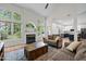 Bright living room featuring a fireplace, many windows, and an open floor plan leading to the kitchen at 103 Lake Tillery Dr, Cary, NC 27519