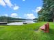Beautiful lake view with a wooden dock and bench overlooking the tranquil water surrounded by green landscape at 103 Lochwood West Dr, Cary, NC 27518