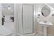 Bathroom featuring glass shower and pedestal sink at 103 Rose Sky Ct, Cary, NC 27513