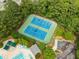 Aerial view showcasing tennis courts surrounded by lush greenery and a nearby pool at 106 Fawley Ct, Cary, NC 27519