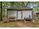 Exterior of the outbuilding with white siding and ample yard space in a landscaped backyard at 1105 Hawthorne Ln, Burlington, NC 27215
