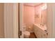 Half bathroom with a toilet and sink with a single vanity, with pink wallpaper at 119 Georgetowne Dr, Elon, NC 27244