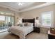 Cozy main bedroom with a queen-size bed, neutral walls, and access to the outside porch and patio at 228 Ellisview Dr, Cary, NC 27519