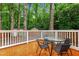 Deck features varnished wood, a metal and glass table, chairs and string lights at 3016 Bolo Trl, Raleigh, NC 27615