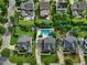 A bird's-eye view of several homes with well-manicured lawns, lush landscaping, and a sparkling blue pool at 305 Springtree Circle Cir, Fuquay Varina, NC 27526