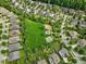 Aerial view showcasing a vast community park with a playground, garden plots and plenty of space for outdoor activities at 305 Springtree Circle Cir, Fuquay Varina, NC 27526