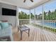 Relaxing screened porch with TV, comfortable seating, and a view of the sparkling pool and lush backyard at 305 Springtree Circle Cir, Fuquay Varina, NC 27526