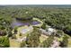 Aerial shot showcasing a community with a serene lake, tennis courts, pool, and surrounding lush forest at 307 Country Club Dr, Durham, NC 27712