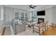 Bright living room with fireplace, ceiling fan and large windows allowing natural light creating a cozy and inviting atmosphere at 4028 Winecott Dr, Apex, NC 27502