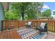 Inviting back deck featuring comfortable outdoor seating and view of a well-maintained yard at 415 Dupree St, Durham, NC 27707
