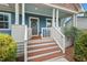 The inviting front porch has wood stairs, white railings, blue walls and a swing at 415 Dupree St, Durham, NC 27707