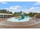 A Gathering-friendly splash pool includes a colorful slide and plenty of tables for relaxation at 5003 Blue Jack Oak Dr, Cary, NC 27519