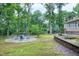 Spacious, lush backyard features an outdoor stone patio area with seating and garden at 5121 Raintree Rd, Durham, NC 27712