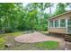 Lovely backyard featuring a brick patio, lush greenery, and mature trees for a relaxing outdoor space at 5121 Raintree Rd, Durham, NC 27712