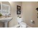 Charming half-bath with pedestal sink, toilet, and stylish wall decor at 586 Great Ridge Pkwy, Chapel Hill, NC 27517