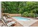 Relaxing backyard pool area with lounge chairs, privacy fence, and lush tropical landscaping at 6217 Battleford Dr, Raleigh, NC 27612