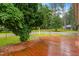 Backyard wooden patio with trees and grass at 6909 Hickory Dr, Raleigh, NC 27603