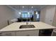 Close up view of sink to the living room featuring sofas and kitchen island at 803 Courting St, Apex, NC 27523
