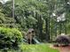 Backyard play set and green lawn is surrounded by mature trees and lush greenery at 8620 Brookdale Dr, Raleigh, NC 27613