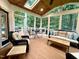 Sunroom featuring wicker furniture and a skylight, offering abundant natural light and views of the trees at 8620 Brookdale Dr, Raleigh, NC 27613