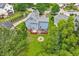 Expansive aerial view showcasing the beautiful blue home with a lush lawn at 1217 Heritage Greens Dr, Wake Forest, NC 27587
