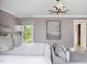 Beautiful bedroom with a chandelier, sitting area, and a large window with backyard views at 123 Trellingwood Dr, Morrisville, NC 27560