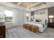 Serene bedroom with a tray ceiling, large windows, and a plush upholstered bed at 1517 Tamarisk Ln, Durham, NC 27703