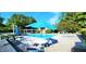 Community pool featuring bright blue umbrella, white furniture, and lush landscaping at 204 Kirkwood Dr, Chapel Hill, NC 27514