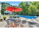 Outdoor patio area with dining table, chairs, and umbrella overlooking the refreshing backyard pool at 227 Paraggi Ct, Clayton, NC 27527
