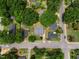 Overhead aerial view of a home with lawn, trees and adjacent neighborhood streets at 304 S Smith St, Clayton, NC 27520