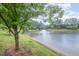 Serene pond view with a fountain, framed by lush greenery and mature trees on a cloudy day at 307 Millbrook Dr, Pittsboro, NC 27312