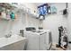 Well-organized laundry room features a modern washer and dryer, sink, and ample shelving for storage at 369 Roberts Ridge Dr, Cary, NC 27513