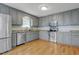 Modern kitchen featuring stainless steel appliances, gray cabinets, and granite countertops at 419 Jera Dr, Garner, NC 27529