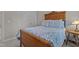 Bedroom boasts a wooden bed frame, a soft blue patterned quilt, and coordinated pillows for a serene retreat at 4416 Thistlehill Ct, Raleigh, NC 27616