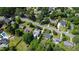 Aerial shot features neat suburban street with well-maintained homes and manicured lawns, conveying a serene neighborhood feel at 523 Vick Ave, Raleigh, NC 27612