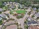 Aerial view of neighborhood featuring mature landscaping, playground, and sidewalks at 533 Duchart Ln, Fuquay Varina, NC 27526
