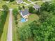Aerial view of the home, lush yard with pool and deck. The home backs to mature trees for extra privacy at 5608 Scottish Hills Dr, Holly Springs, NC 27540