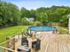 Backyard featuring deck, pool, and a backdrop of lush trees, creating a private oasis perfect for relaxation at 5608 Scottish Hills Dr, Holly Springs, NC 27540