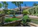 Grand exterior with a pool, lush landscaping, and sophisticated architectural details, creating a serene outdoor setting at 6510 New Market Way, Raleigh, NC 27615