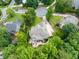 Beautiful home aerial showing mature trees, lawn, and circular driveway near a cul-de-sac at 8405 Hempton Cross Dr, Wake Forest, NC 27587