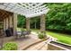 Stone columns support a pergola over a stamped concrete patio with dining furniture and a fire pit at 8405 Hempton Cross Dr, Wake Forest, NC 27587