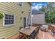 Relaxing back deck with an umbrella-covered dining table with outdoor seating, perfect for entertaining at 1237 Shirehall Park Ln, Wake Forest, NC 27587