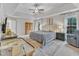 Comfortable primary bedroom with a tray ceiling, large windows, and stylish decor, creating a relaxing haven at 1237 Shirehall Park Ln, Wake Forest, NC 27587
