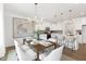 Open floorplan dining room with modern lighting, a stylish dining table, a kitchen island, and hardwood flooring at 140 Benson Village Dr # 83, Benson, NC 27504
