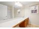 Bathroom features a long countertop with cabinets, large mirror, and shower at 1405 Merrilow Ct, Wake Forest, NC 27587