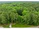 An aerial view over a dense forest, shows the long driveway leading to the property at 1501 Chatsworth Ln, Raleigh, NC 27614