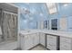 Stylish blue bathroom featuring a skylight, large mirrors, and ample counter space with storage at 1501 Chatsworth Ln, Raleigh, NC 27614