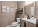 Charming powder room with decorative accents, a modern vanity, and neutral color palette at 1501 Chatsworth Ln, Raleigh, NC 27614